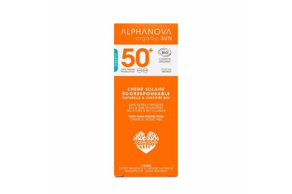 Alphanova SUN crème solaire Monoï bio SPF50+ sans filtre chimique étui et tube en matières recyclées & recyclables 50 ml