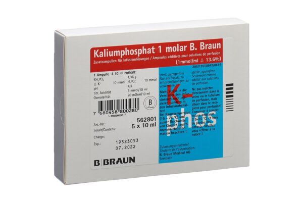 Phosphate de potassium 1 molaire B. Braun conc perf 10ml ampoule additive 5 pce
