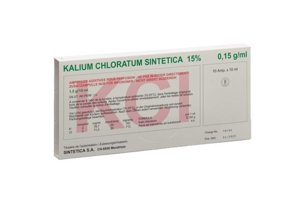 KCl 15% Sintetica Inf Lös 20 mmol/10ml 10 Amp 10 ml