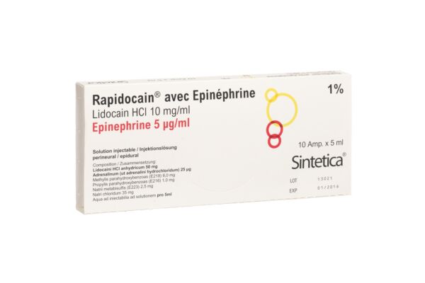 Rapidocain 10 mg/ml + Epinéphrine 5 mcg/ml sol inj 10 amp 5 ml
