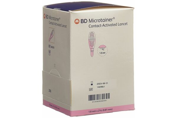 BD Microtainer kontaktaktivierte Lanzetten für die Kapillarblutentnahme 21Gx1.8mm pink 200 Stk