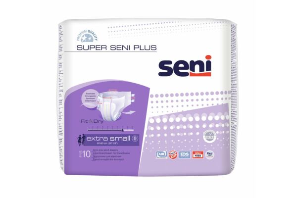 Super Seni Plus changes complets XS respirants tour de taille 40-60cm 7 gouttes 10 pce