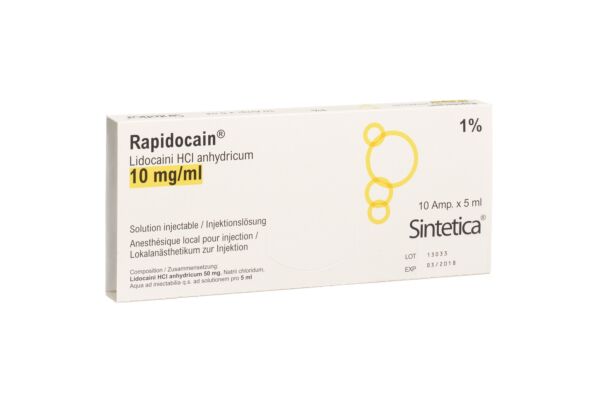 Rapidocain sol inj 50 mg/5ml sans agent conservateur 10 amp 5 ml