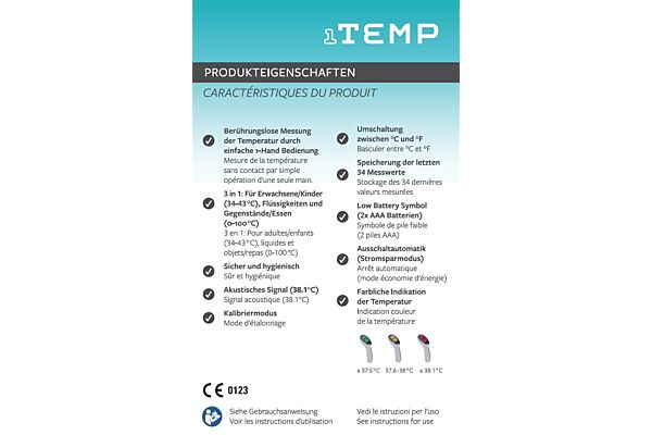1TEMP 3in1 Thermometer Infrarot kontaktlos 1 Sekunde
