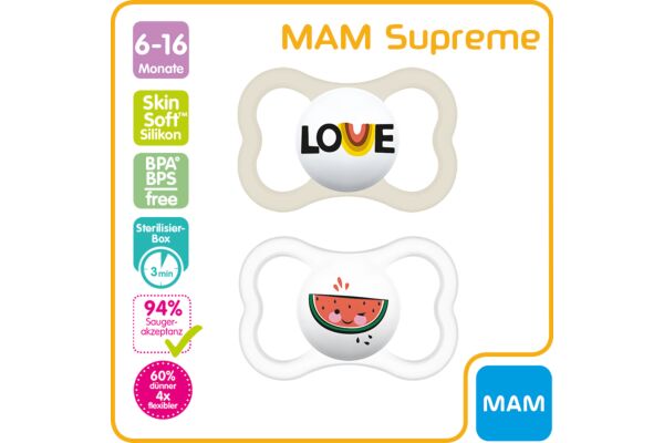 Achat MAM Supreme lolette silicone 6-16 mois 2 pce en ligne