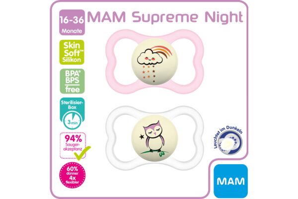 MAM Supreme Night Nuggi Silikon 16-36 Monate 2 Stk