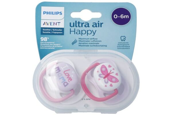 Philips Avent sucettes ultra air collection happy 0-6m fille maman/papillon 2 pce