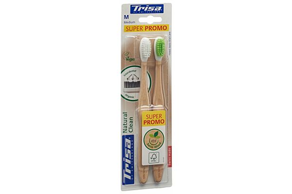 Trisa Natural Clean brosse à dents en bois medium DUO 2 pce