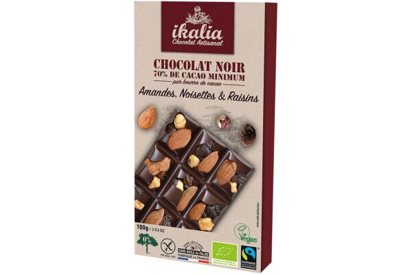 ikalia tablette chocolat noir 70% amande noisette raisin 100 g