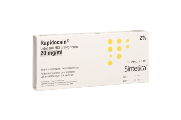 Rapidocain sol inj 100 mg/5ml sans agent conservateur 10 amp 5 ml
