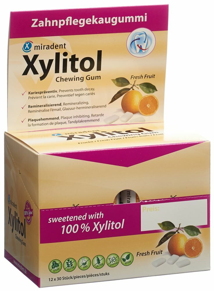 Achat Miradent Xylitol Chewing Gum fruit 30 pce en ligne